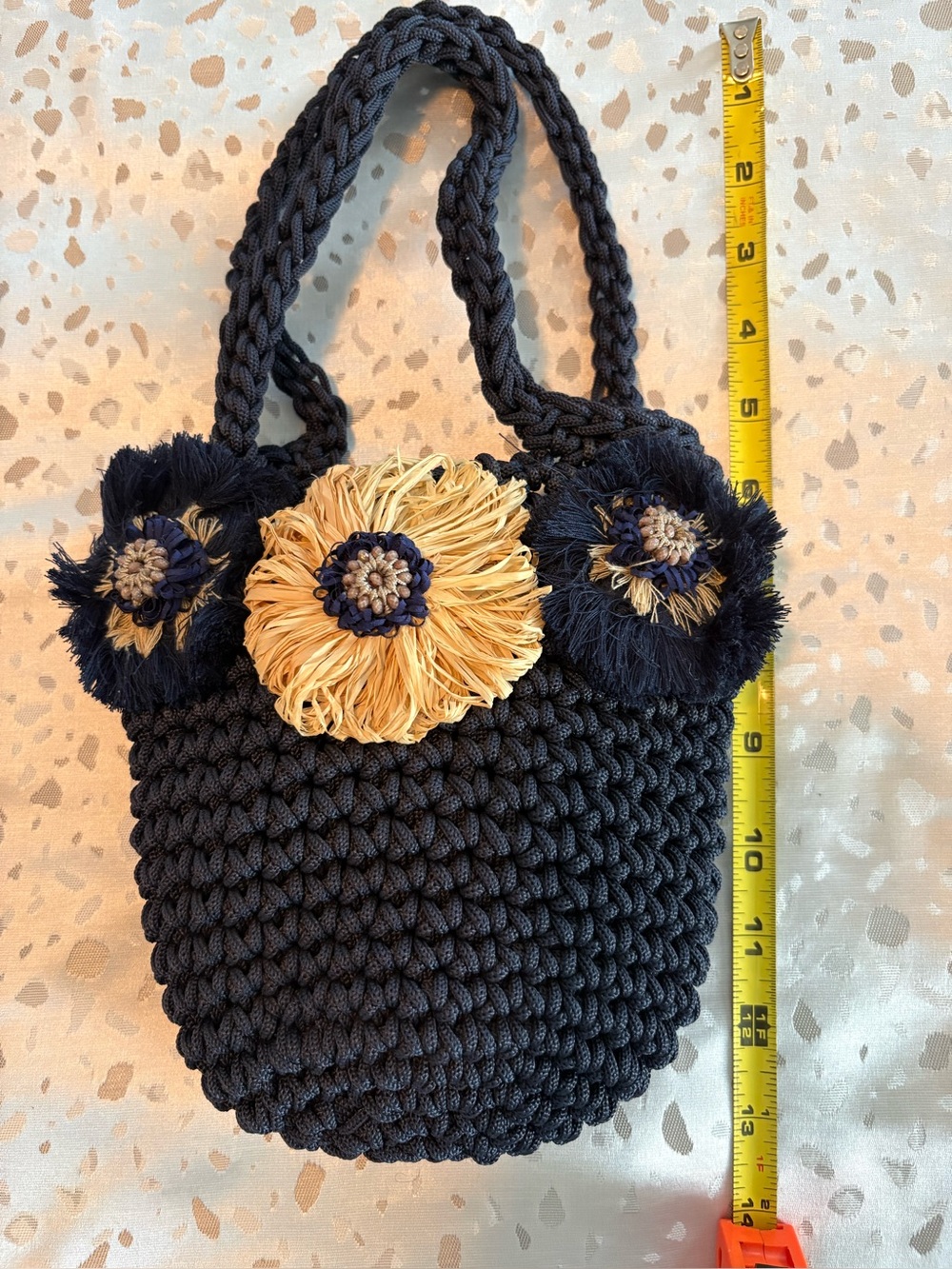 Handwoven Navy and Natural Floral Crochet Tote